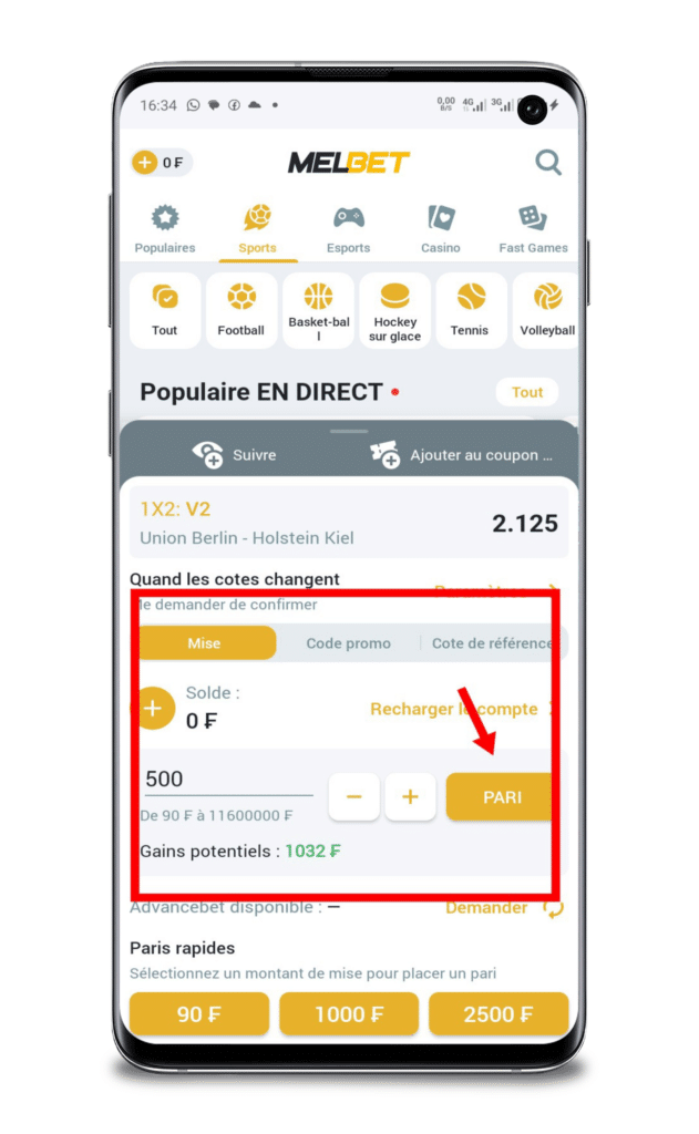 cliquer sur pari