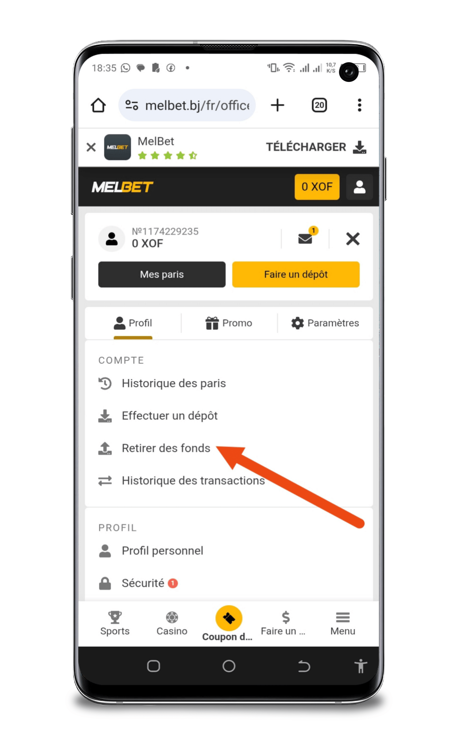 cliquer sur retirer des fonds