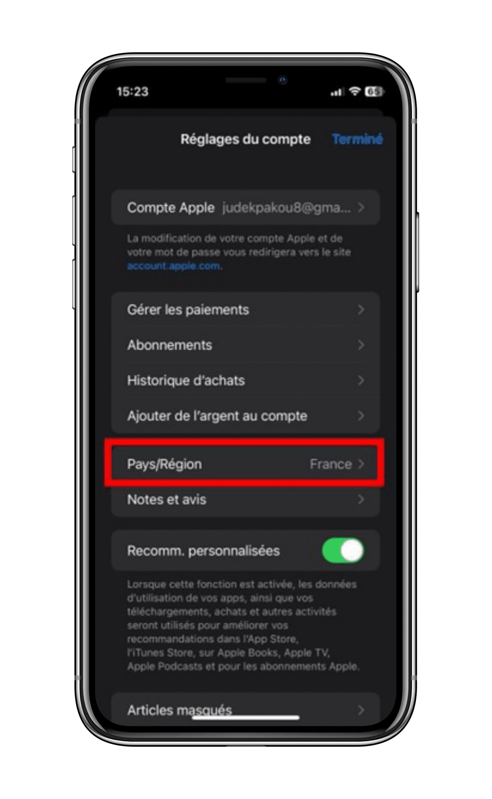 cliquez sur le bouton "Pays/Région"