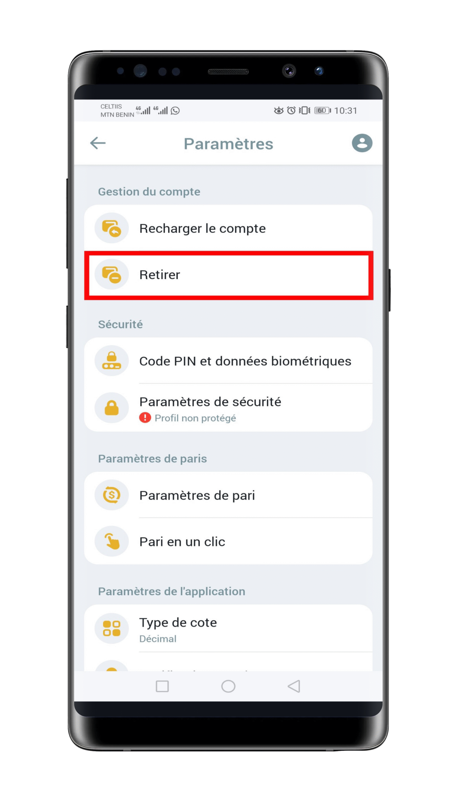 Allez dans la section « Retirer des fonds »