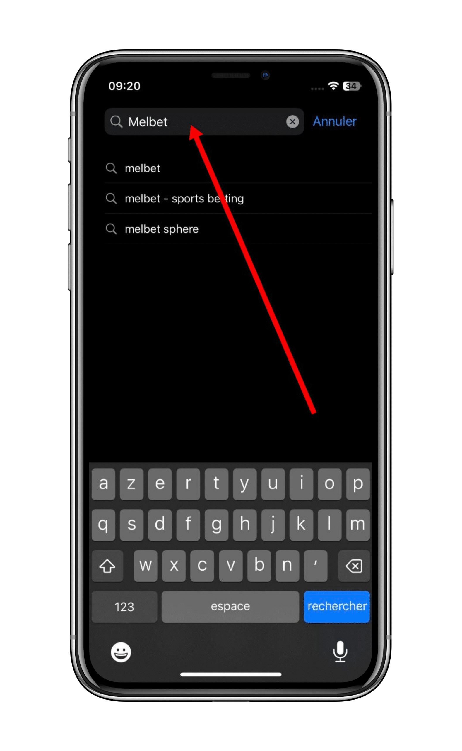 utilisez la fonction de recherche en tapant "Melbet"