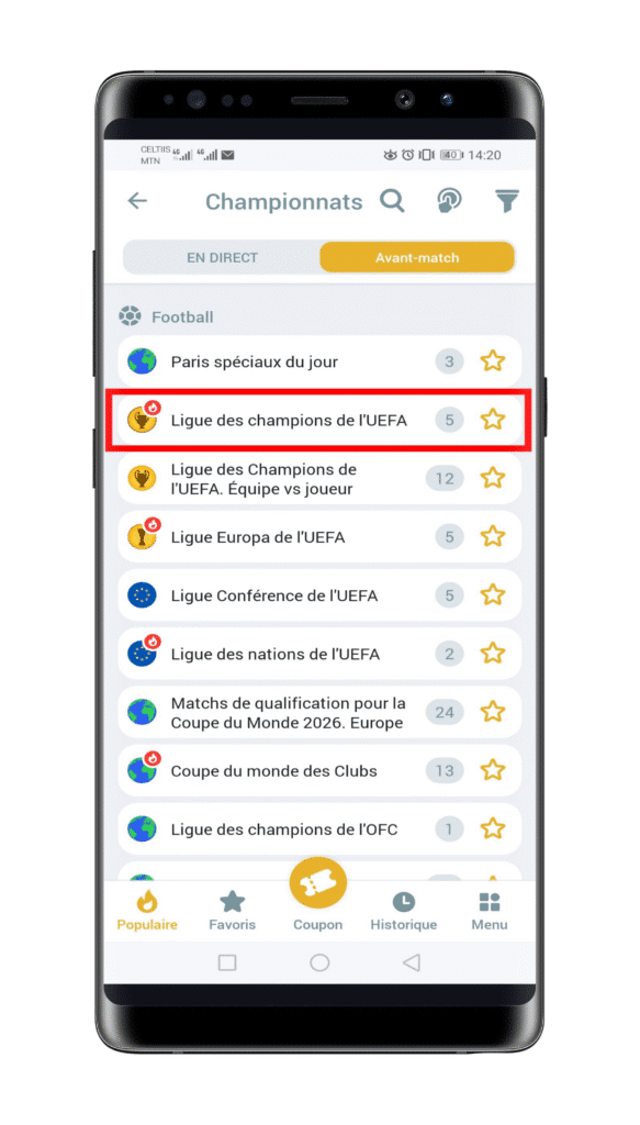 Choisir une compétition et un match