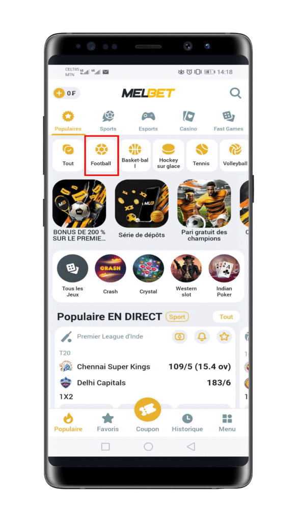 Se rendre sur la page des sports