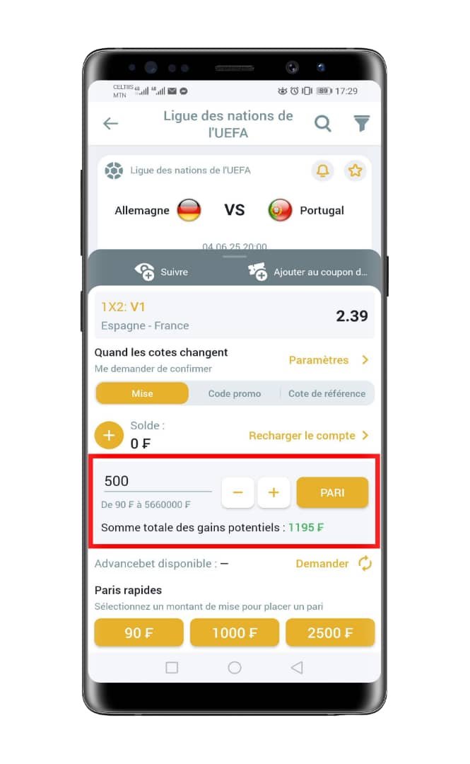 Saisir le montant de votre mise