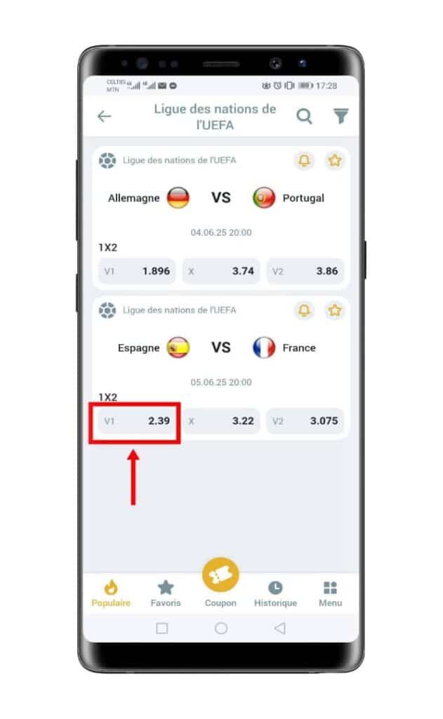 Sélectionner le match et le type de paris