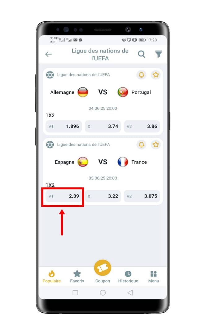 Sélectionner le match et le type de paris