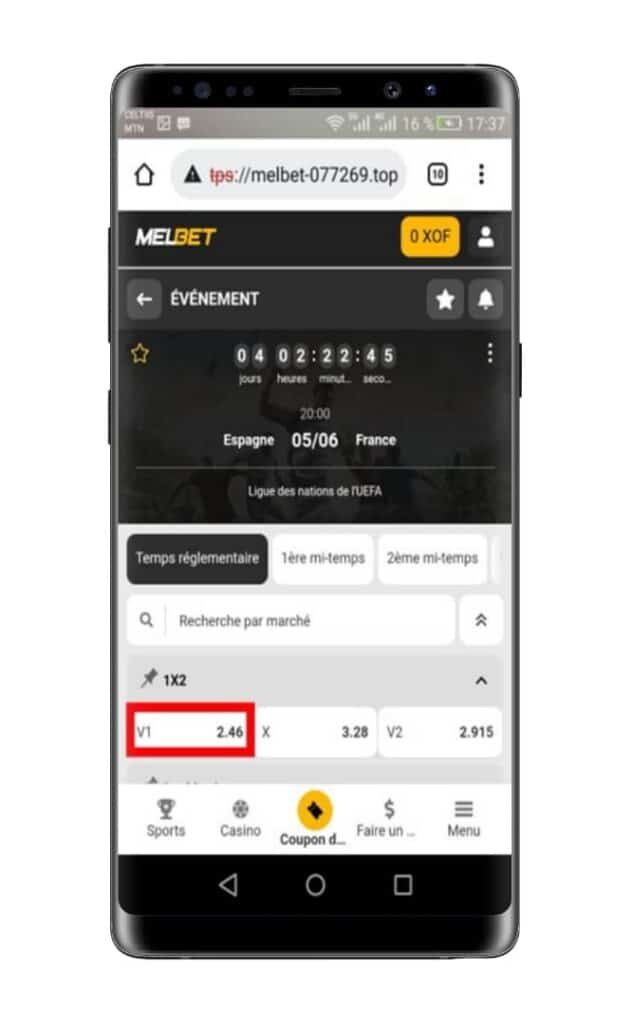 Sélectionner un match et choisir un type de pari 