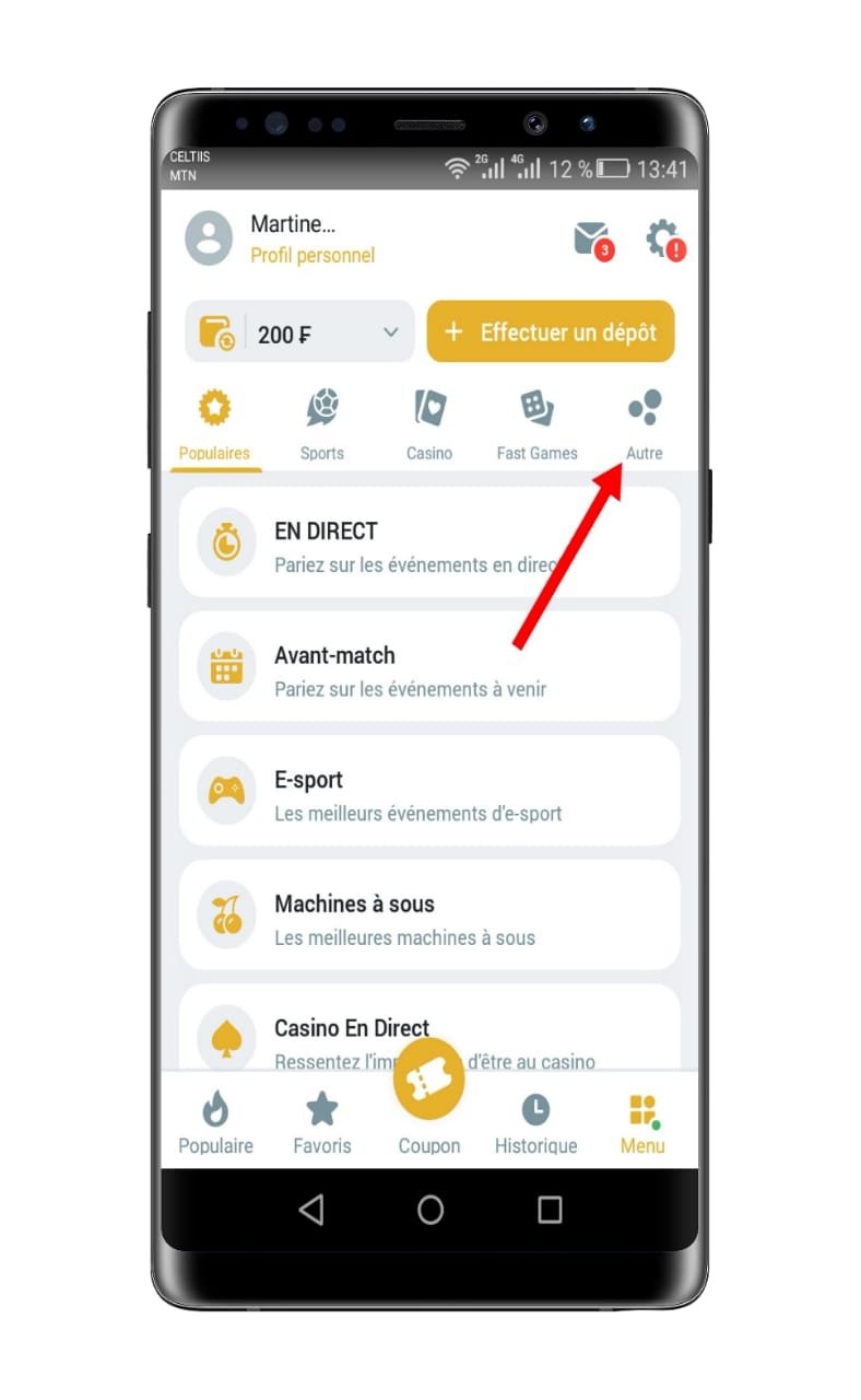 rendez-vous sur la page du menu et sélectionnez “Autre”