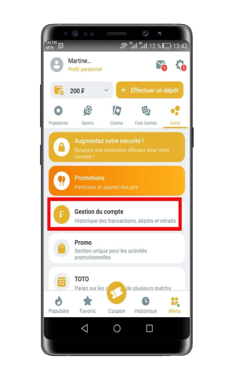 repérez le bouton “Gestion du compte” et cliquez dessus
