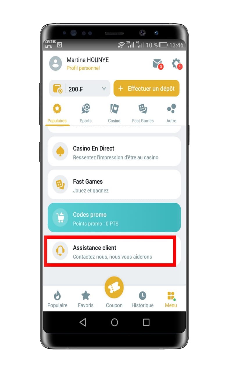 se rendre sur la page du support client Melbet
